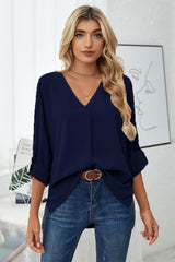 Roll-Tab Sleeve V-Neck Blouse