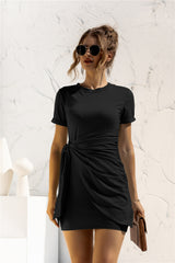 Nova Round Neck Cuffed Sleeve Side Tie Dress