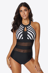 Kriva Striped Cutout Spliced Mesh Halter Neck One-Piece Swimsuit