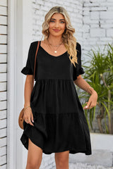 Charlize V-Neck Flounce Sleeve Tiered Dress